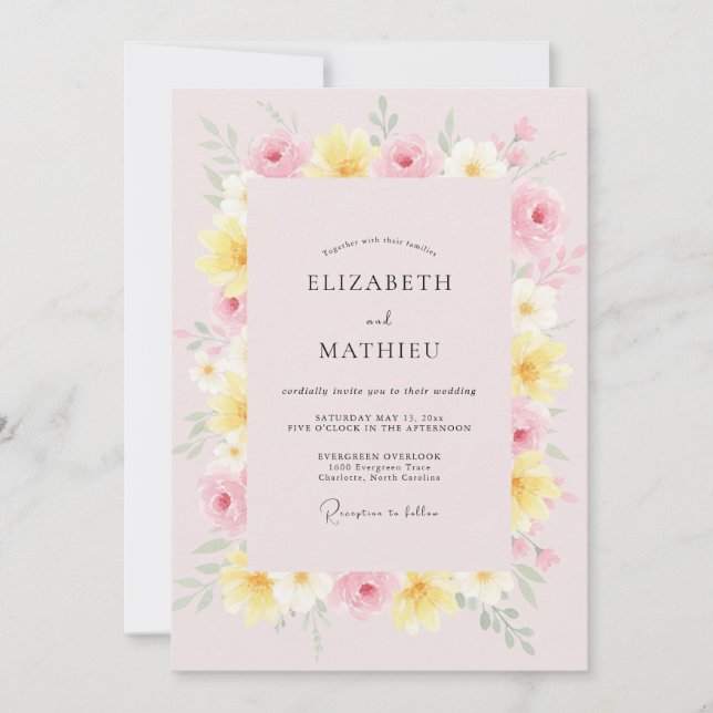 Invitation Mariage aux Pétales Rose Pastel (Devant)
