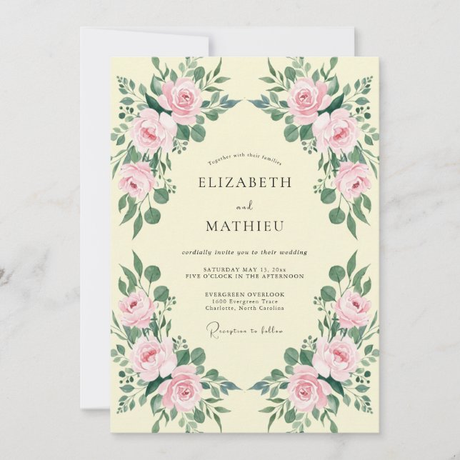 Invitation Mariage aux Pétales Roses Crème (Devant)