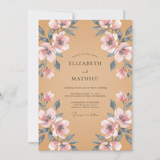 Invitation Mariage aux Pétales Roses Ocres (Devant)