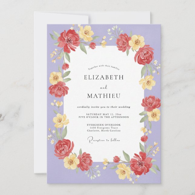 Invitation Mariage aux Pétales Rouge Violet (Devant)