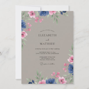 Invitation Mariage aux Pétales Taupe Magenta