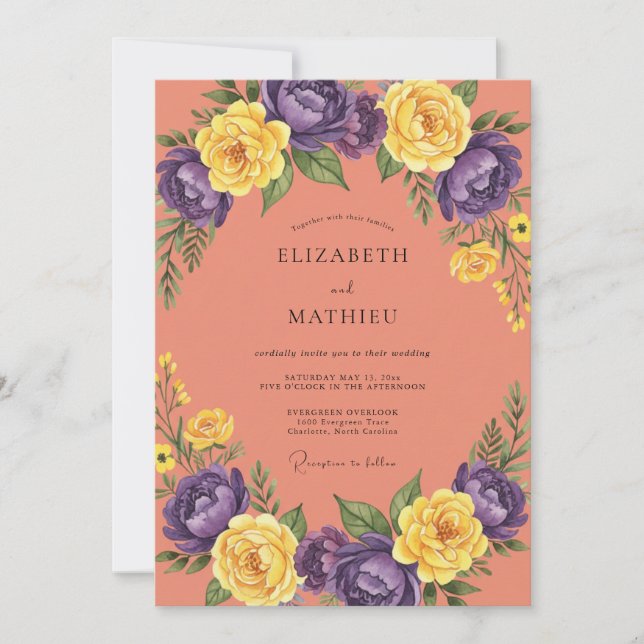 Invitation Mariage aux Pétales Terracotta Violet Jaune (Devant)