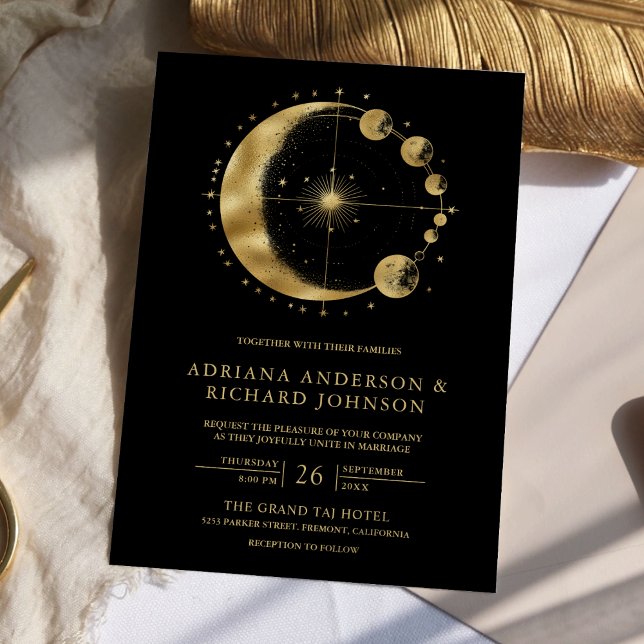 Invitation Mariage aux phases de lune en or noir céleste (Créateur téléchargé)