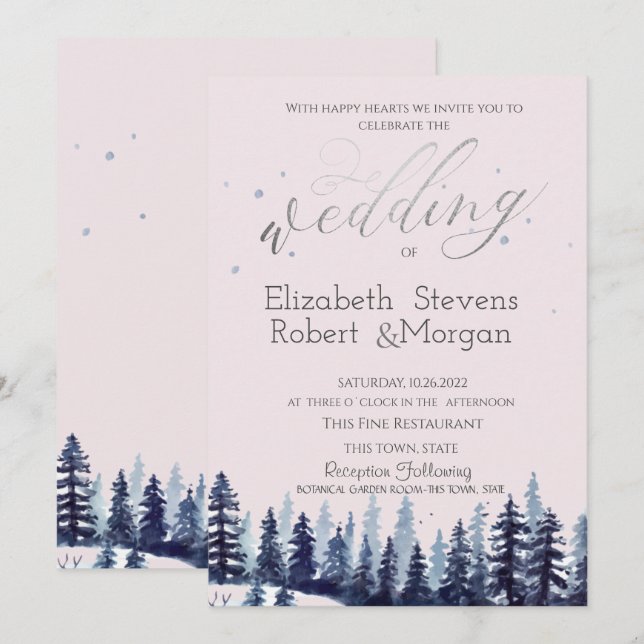 Invitation Mariage aux pins de la forêt à l'aquarelle (Devant / Derrière)