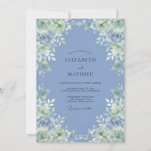 Invitation Mariage aux Pivoines à Feuillage Pervenche