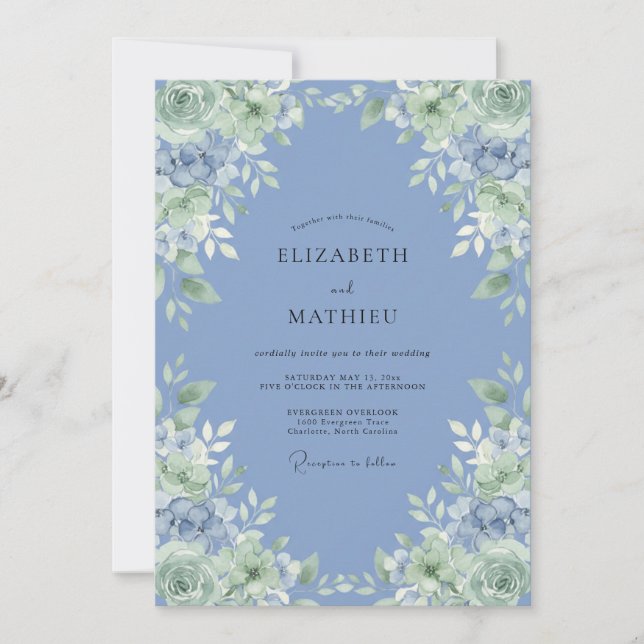 Invitation Mariage aux Pivoines à Feuillage Pervenche (Devant)
