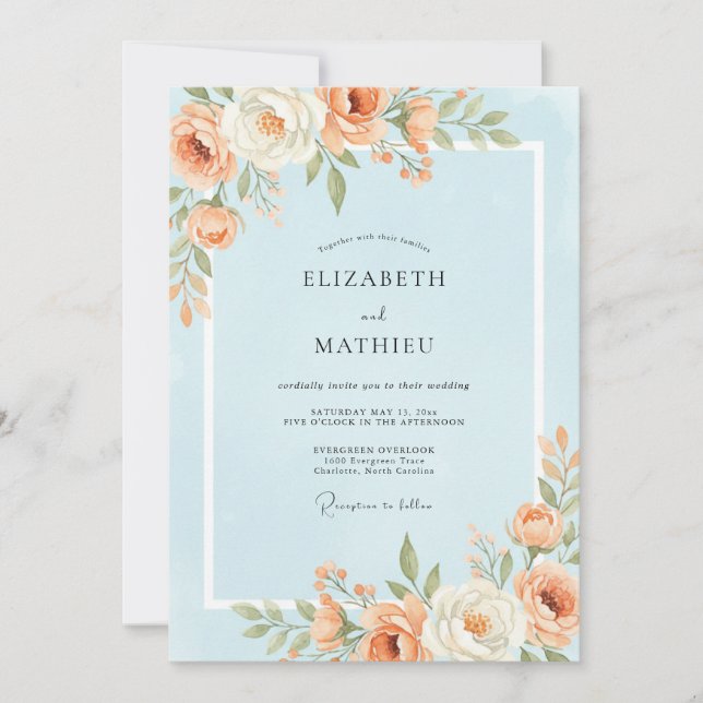 Invitation Mariage aux Pivoines Abricot Ciel (Devant)