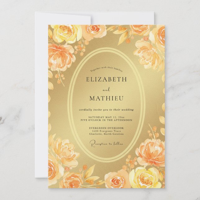 Invitation Mariage aux Pivoines Abricot Doré (Devant)