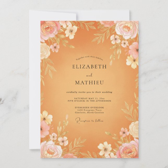 Invitation Mariage aux Pivoines Abricot Doré (Devant)