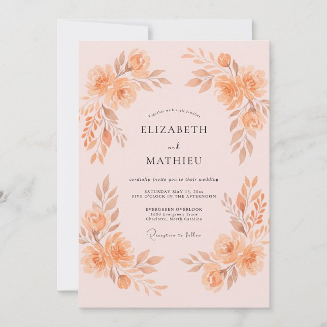 Invitation Mariage aux Pivoines Abricot Doux (Devant)