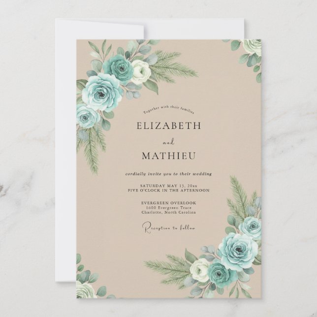 Invitation Mariage aux Pivoines Aqua Champagne (Devant)