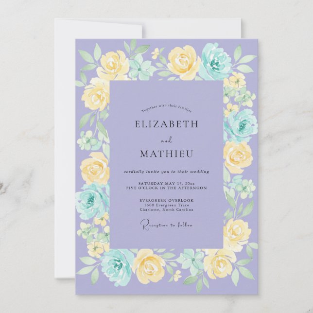 Invitation Mariage aux Pivoines Aqua Lilas (Devant)