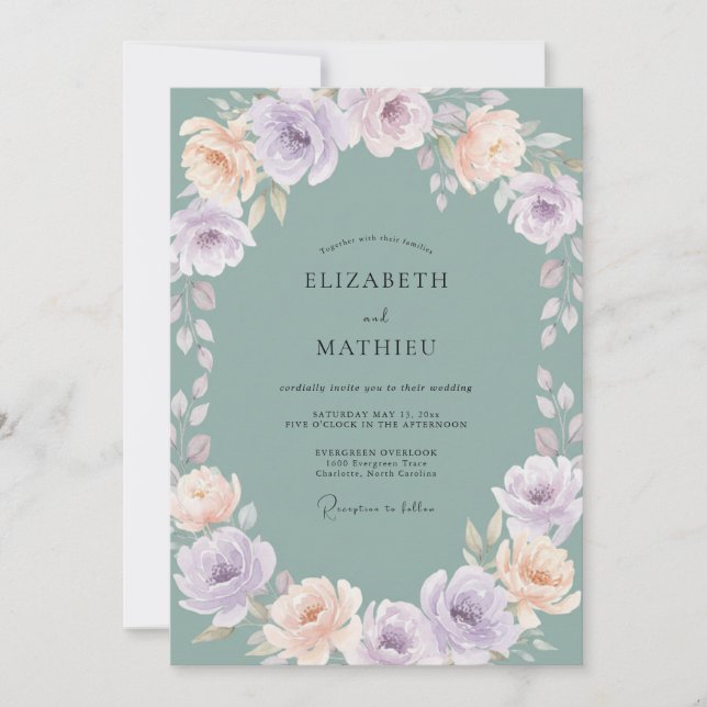 Invitation Mariage aux Pivoines Aqua Muette (Devant)