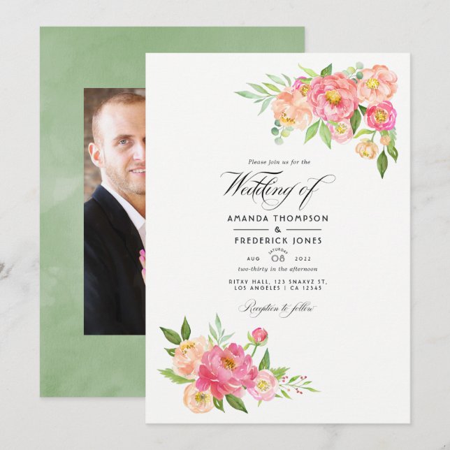 Invitation Mariage aux pivoines aquarelles de printemps Photo (Devant / Derrière)