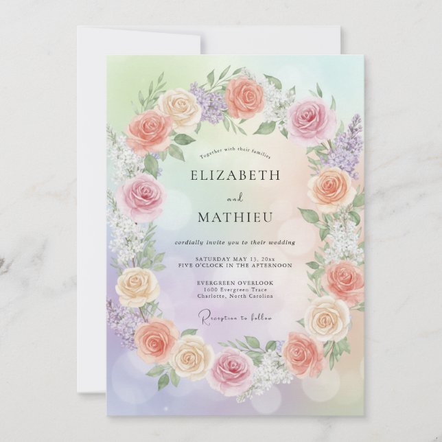 Invitation Mariage aux Pivoines Arc-en-ciel Pastel (Devant)