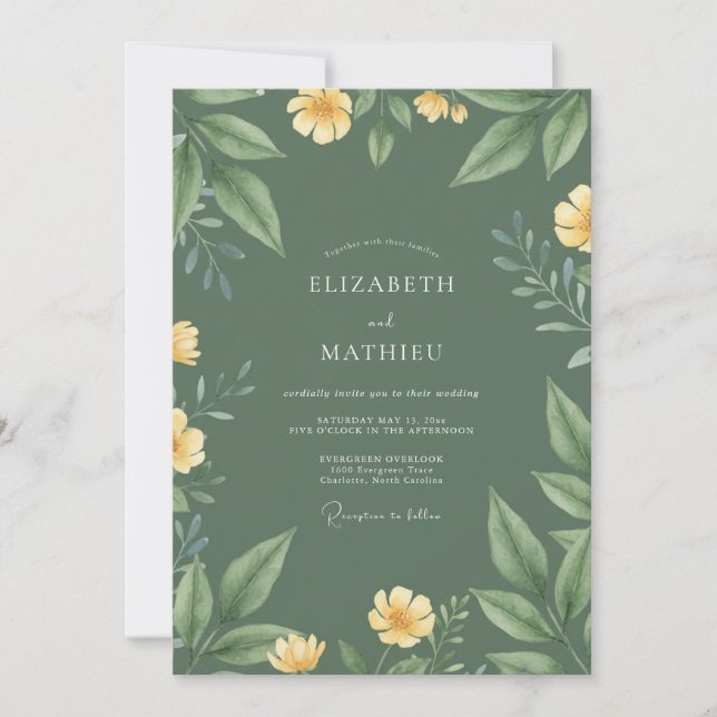 Invitation Mariage aux Pivoines avec Moutarde et Olive (Devant)