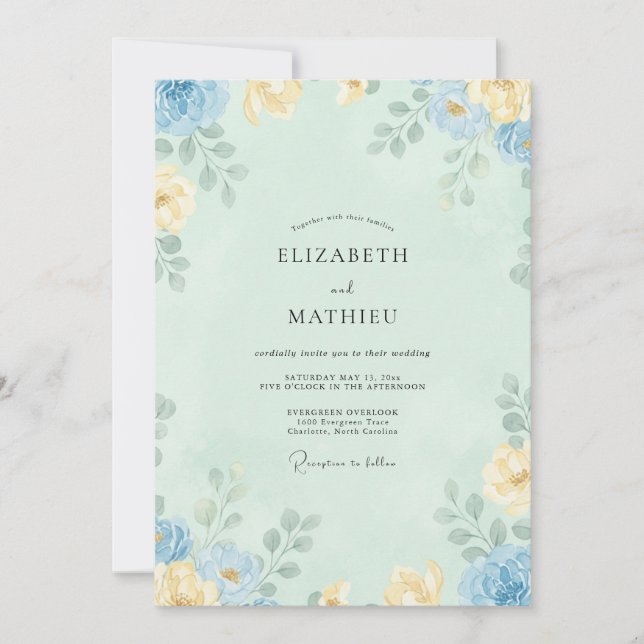 Invitation Mariage aux Pivoines Azur Céladon (Devant)