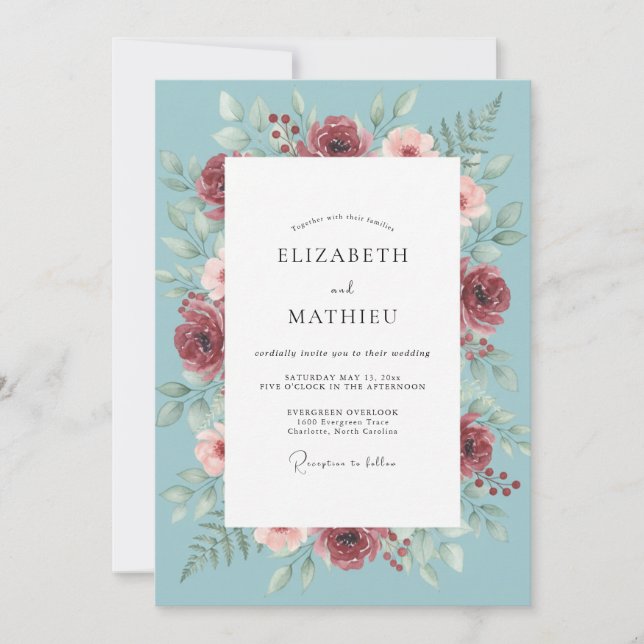 Invitation Mariage aux Pivoines Bourgogne Céleste (Devant)