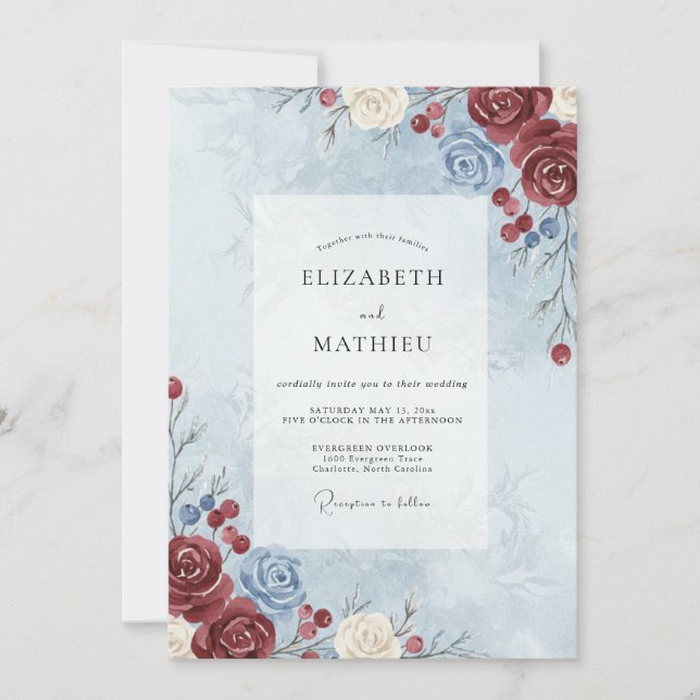 Invitation Mariage aux Pivoines Bourguignon Profond sur Fond  (Devant)