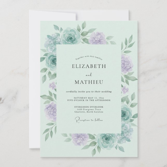 Invitation Mariage aux Pivoines Céladon Lilas (Devant)