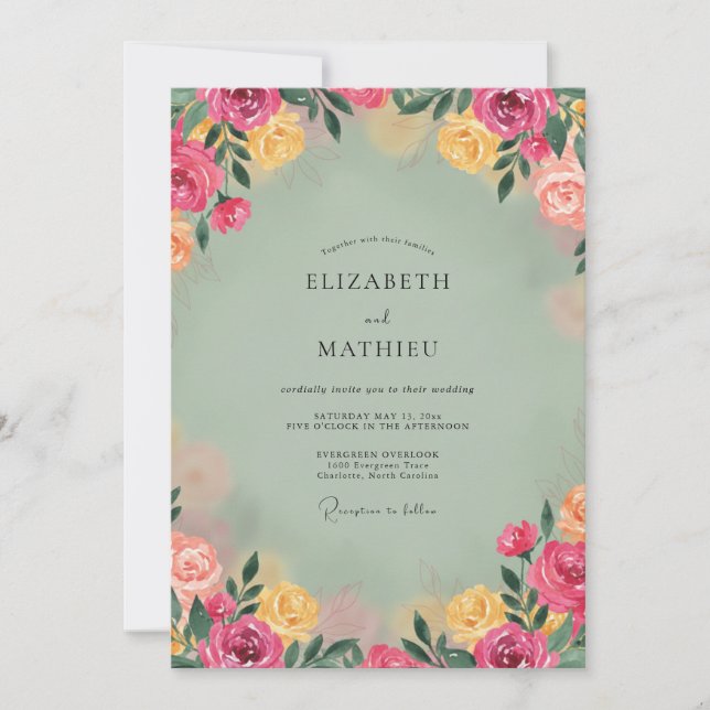 Invitation Mariage aux Pivoines Céladon Magenta (Devant)