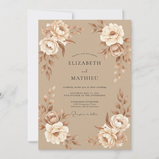 Invitation Mariage aux Pivoines Champagne Taupe (Devant)