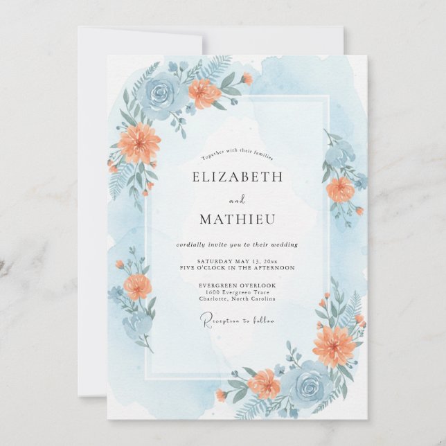 Invitation Mariage aux Pivoines Ciel de Pêche (Devant)