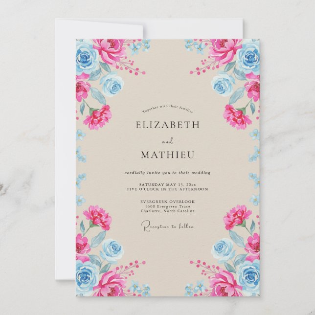Invitation Mariage aux Pivoines Ciel Fuchsia (Devant)