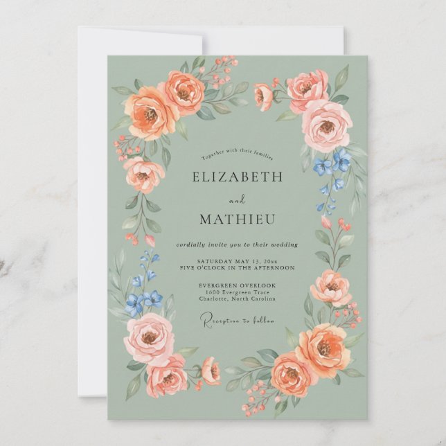 Invitation Mariage aux Pivoines Corail Abricot (Devant)