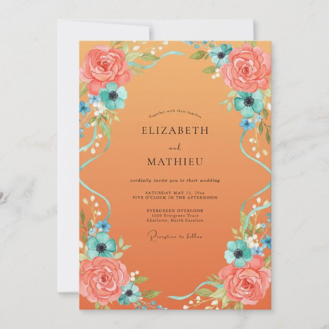 Invitation Mariage aux Pivoines Corail Abricot (Devant)