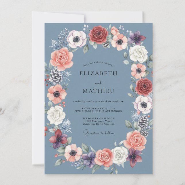 Invitation Mariage aux Pivoines Corail Ardoise (Devant)