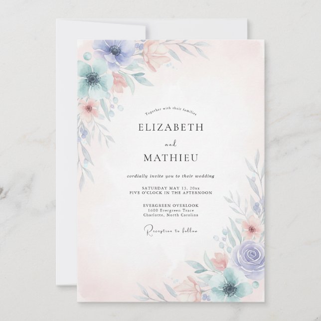 Invitation Mariage aux Pivoines Corail Bleuet (Devant)