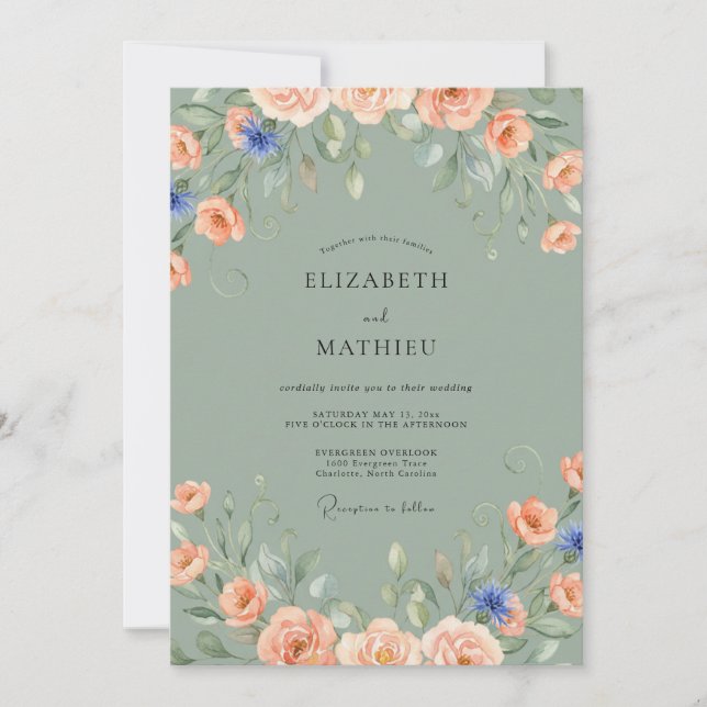 Invitation Mariage aux Pivoines Corail Céladon (Devant)