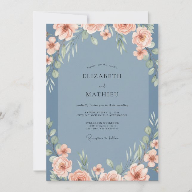 Invitation Mariage aux Pivoines Corail Chaud sur Fond Ardoise (Devant)