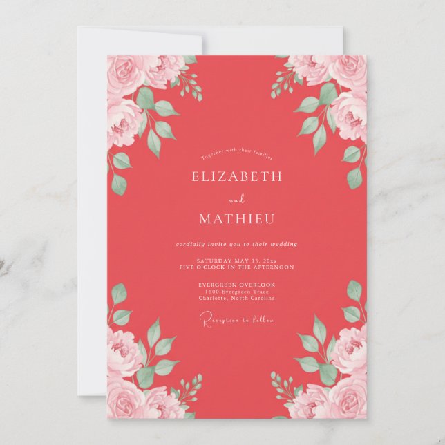 Invitation Mariage aux Pivoines Corail Feuillues (Devant)