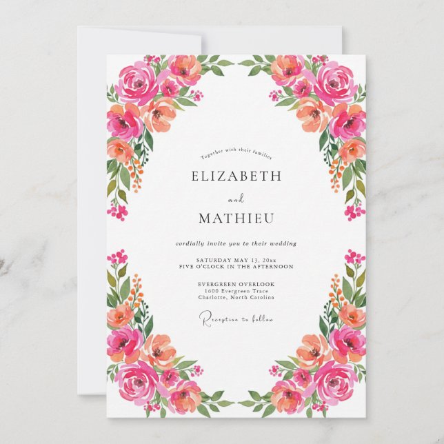 Invitation Mariage aux Pivoines Corail Fuchsia (Devant)