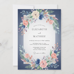 Invitation Mariage aux Pivoines Corail Indigo