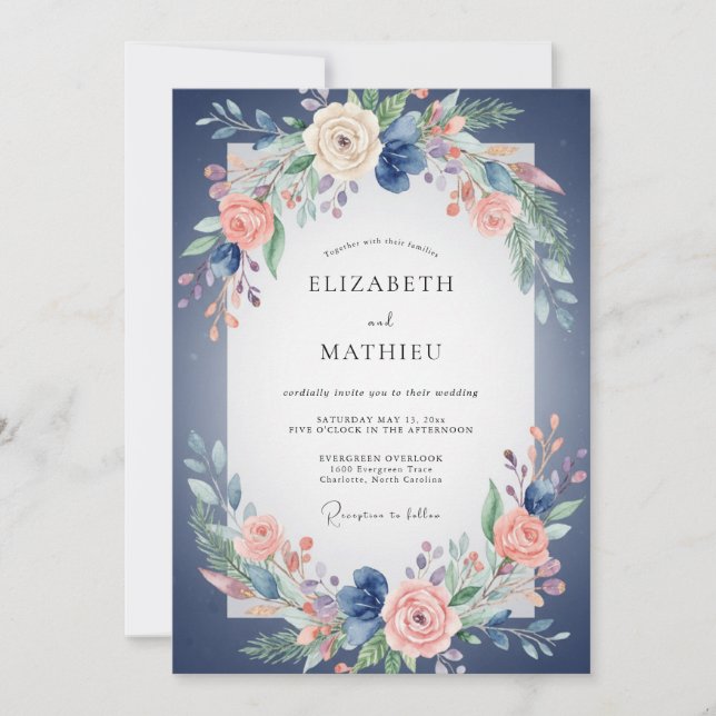Invitation Mariage aux Pivoines Corail Indigo (Devant)