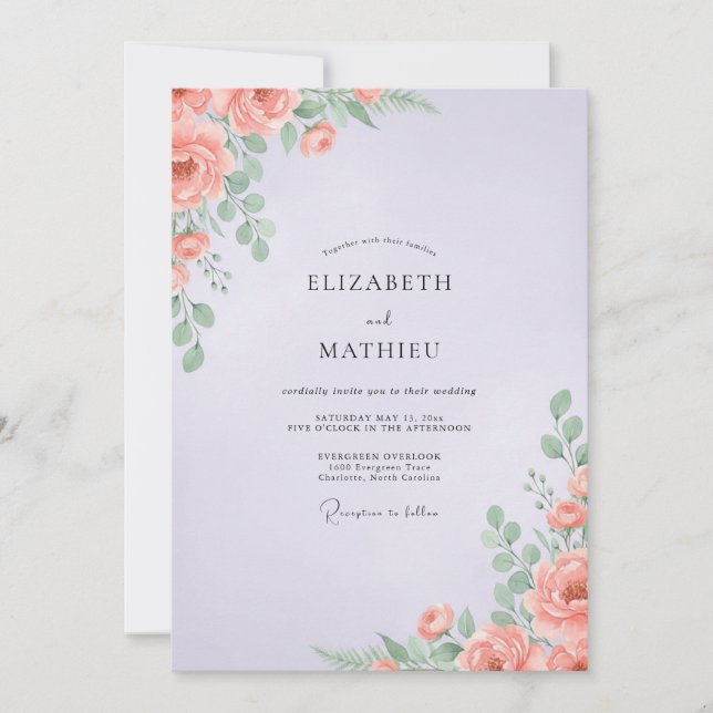 Invitation Mariage aux Pivoines Corail Lilas (Devant)