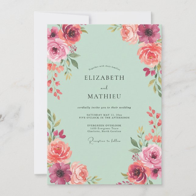Invitation Mariage aux Pivoines Corail Magenta (Devant)