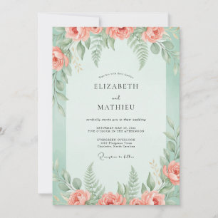 Invitation Mariage aux Pivoines Corail Menthe