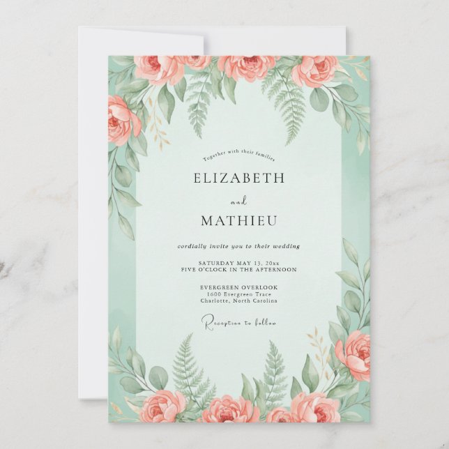 Invitation Mariage aux Pivoines Corail Menthe (Devant)