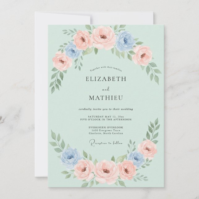 Invitation Mariage aux Pivoines Corail Mentholé (Devant)