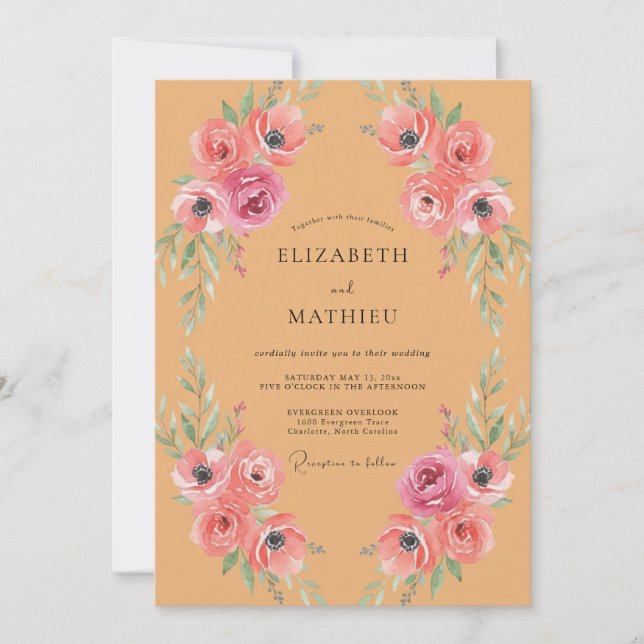 Invitation Mariage aux Pivoines Corail Miel (Devant)