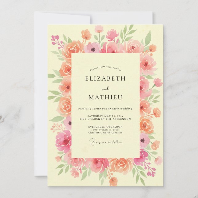 Invitation Mariage aux Pivoines Corail Rose (Devant)