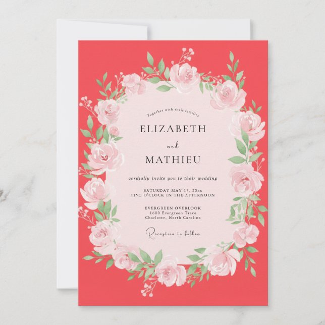 Invitation Mariage aux Pivoines Corail Rosé (Devant)