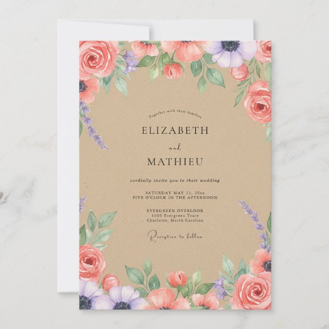 Invitation Mariage aux Pivoines Corail Sableux (Devant)