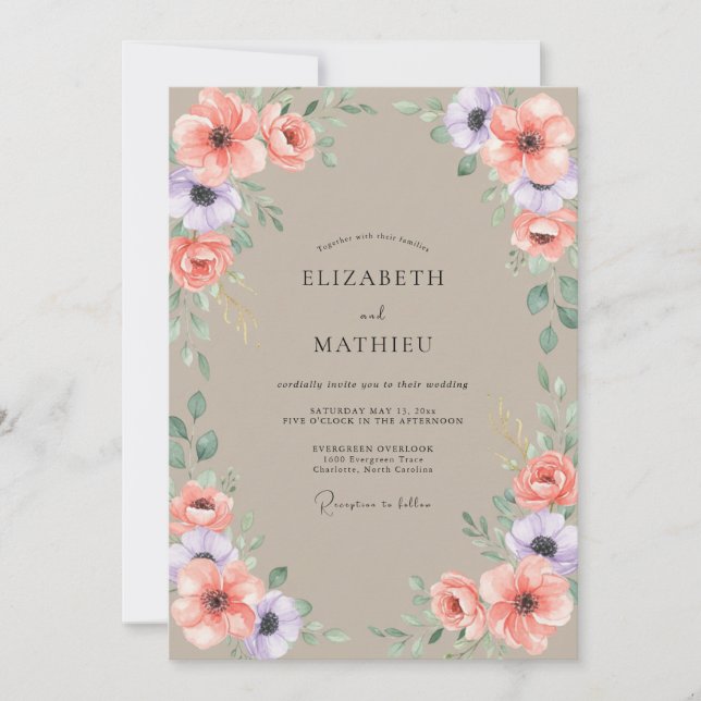 Invitation Mariage aux Pivoines Corail Taupe (Devant)