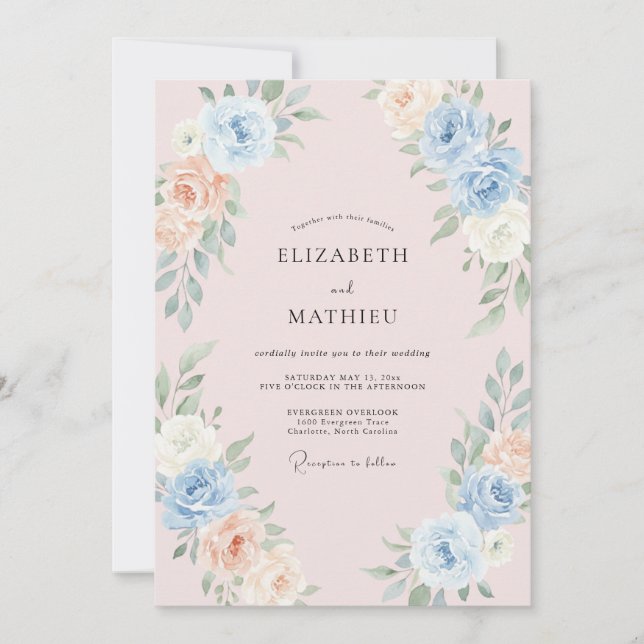 Invitation Mariage aux Pivoines Cornflower Blush (Devant)
