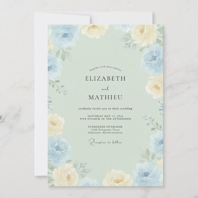 Invitation Mariage aux Pivoines Crème Azur (Devant)